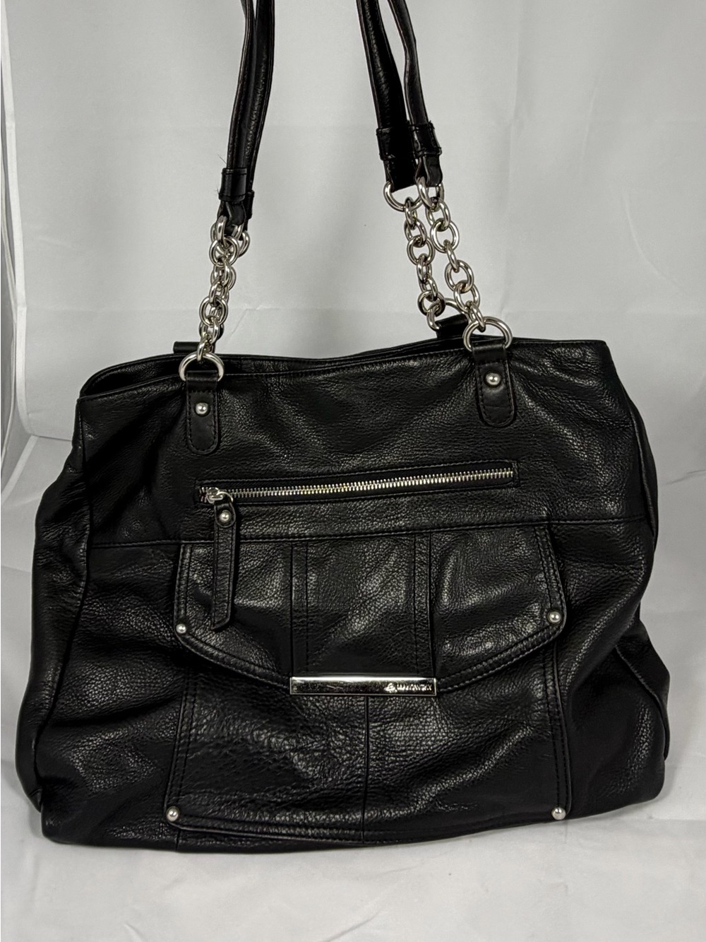 b. makowsky Black Leather Tote with Chain-Detail Straps